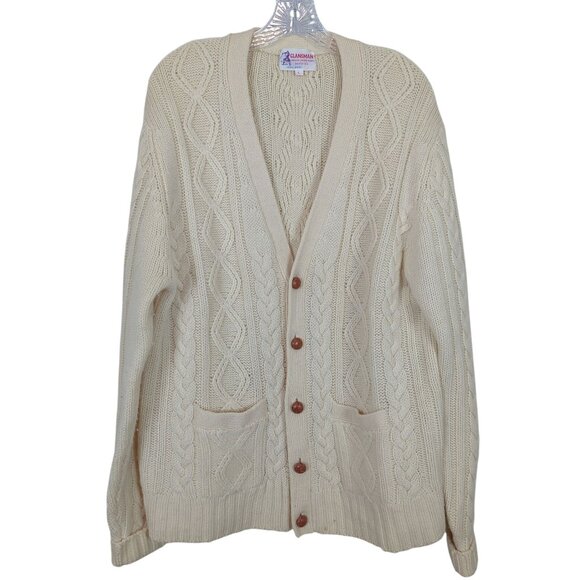 Vintage Clansman Cream Cardigan L English Sport Shops Bermuda Wool Cable Knit - Picture 1 of 14